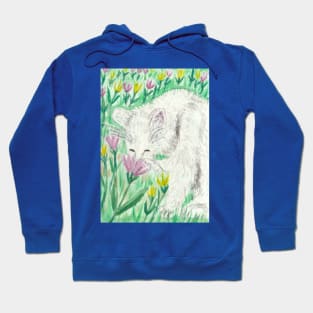 white cat smelling flowers art Hoodie